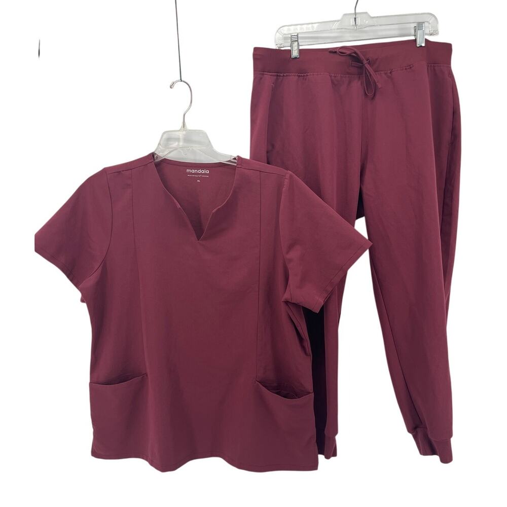 Mandala Scrubs Set Burgundy XL V neck Top & XL petite Jogger Bottom Nursing